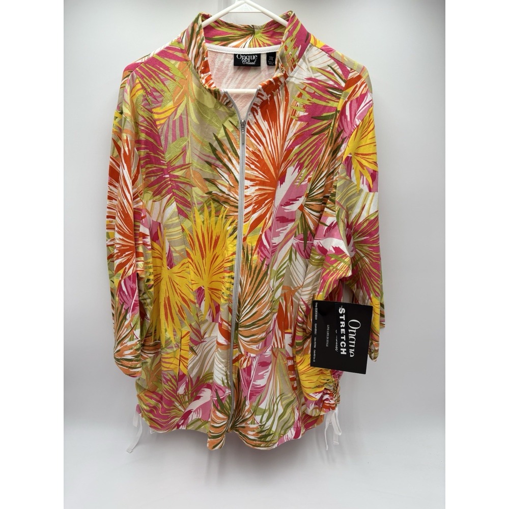 Onque Casual 3X Tropical Palm Print Zip Front Jacket Plus Size Lightweight